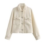 Women's Tweed Jacket Manufacturer - Front Pockets Single Breasted Beige Turn Down Collar