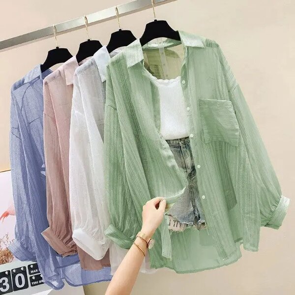 Women's Sunscreen Shirt Manufacturer - Summer Thin Chiffon See Through Cardigan Blouse