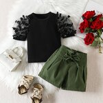 Girls Two Piece Set Manufacturer - Summer Mesh Puff Sleeve O Neck Tops Lace up Shorts
