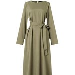 Muslim Satin Dress Manufacturer - Djellaba Round Neck Belt Plus Size Long Sleeve