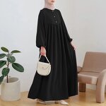 Muslim Robe Manufacturer - Spring Summer Loose Puff Sleeve Wooden Buckle Dress In Stock