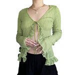 Women's Blouse Manufacturer - Ruffled V Collar Lace-up Irregular Sheer Long Sleeve