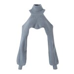 Women's Knitted Crop Sweater Manufacturer - Gray Turtleneck Shoulder Hollow Out Long Sleeve
