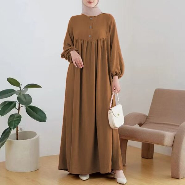 Muslim Robe Manufacturer - Spring Summer Loose Puff Sleeve Wooden Buckle Dress In Stock