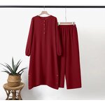 Muslim Two Piece Set Manufacturer - Round Neck Puff Sleeve Wooden Buckle Casual Set