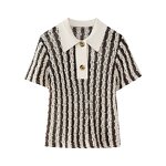 Women's Knitted Sweater Manufacturer - Striped Button Up Short Sleeve Multi Color Casual