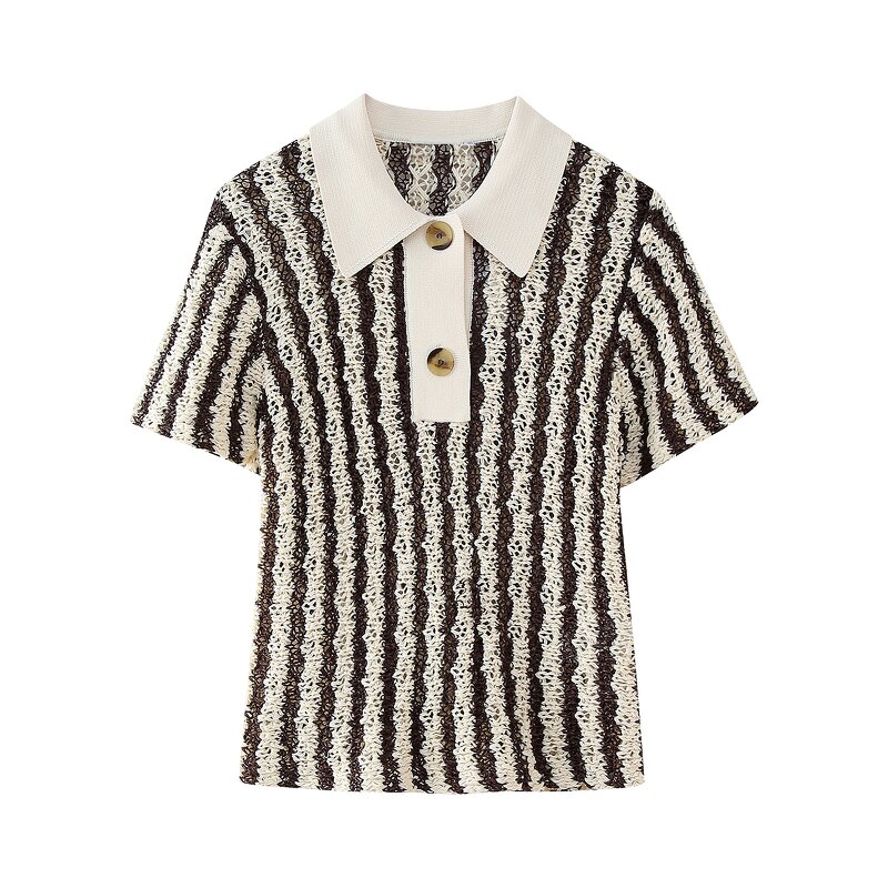 Women's Knitted Sweater Manufacturer - Striped Button Up Short Sleeve Multi Color Casual