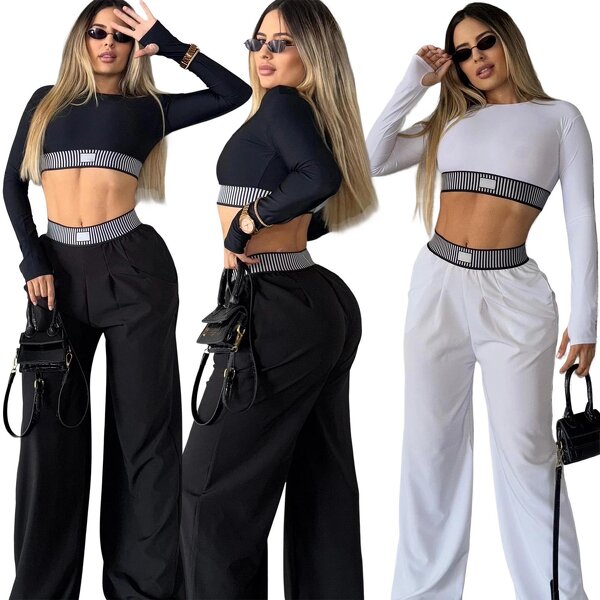 Women's Two Piece Set Manufacturer - Full Sleeve Sexy Navel Top High Waist Straight Pants