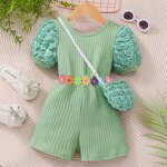 Girls Jumpsuit Manufacturer - 2024 Summer Puffed Sleeves Striped Back Crossover With Bag