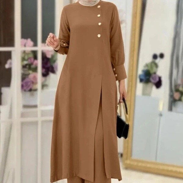 Muslim Two Piece Set Manufacturer - Side Slit Long Shirt Wide Leg Pants Robe In Stock