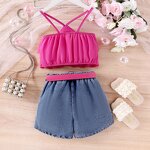 Girls Clothing Set Manufacturer - 2024 Summer Sleeveless Ruffle Top Denim Flower Shorts