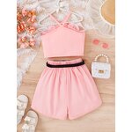 Girls Clothing Set Manufacturer - Summer Solid Mesh Lace Halter Tops Shorts 2 Piece