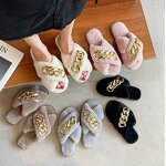 Home Slippers Manufacturer - Round Head Thick Soled One Line Plush Metal Chain Cotton