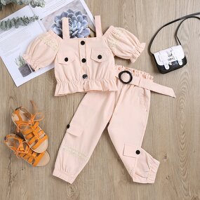 Girls Two Piece Set Manufacturer - 2024 Summer Off Shoulder Blouse Button Belt Pants