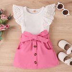 Girls Clothing Set Manufacturer - 1-5Y Lace Flying Sleeve Vest Top Button Skirt With Belt