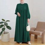 Muslim Robe Manufacturer - Spring Summer Loose Puff Sleeve Wooden Buckle Dress In Stock
