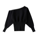 Women's Knitted Sweater Manufacturer - Black Beading Asymmetrical Design Long Sleeve