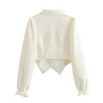 Women's Blouse Manufacturer - Front Hollow Out Beige Turn Down Collar Long Sleeve