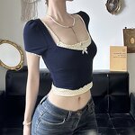 Women's Two Piece Set Manufacturer - French Polka Dot Square Collar Puff Sleeve Short