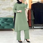 Muslim Two Piece Set Manufacturer - Round Neck Puff Sleeve Wooden Buckle Casual Set