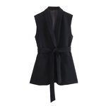 Women's Vest Manufacturer - Notched Collar Black Sleeveless Sashes Casual Waistcoat