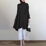 Muslim Blouse Manufacturer - Solid Turn-down Collar Swallowtail Curved Hem Long Sleeve
