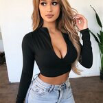 Women's Crop Top Manufacturer - 2024 Autumn Fleece Lined V Neck Zip Long Sleeve Sexy