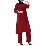 Muslim Two Piece Set Manufacturer - Round Neck Puff Sleeve Wooden Buckle Casual Set