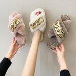 Home Slippers Manufacturer - Round Head Thick Soled One Line Plush Metal Chain Cotton