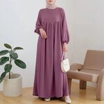 Muslim Robe Manufacturer - Spring Summer Loose Puff Sleeve Wooden Buckle Dress In Stock