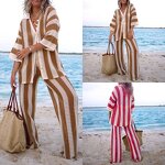 Women's Knit Set Manufacturer - Casual Vneck Hollow Striped Shirt Wide Leg Pants
