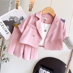 Girls Clothing Set Manufacturer - Summer Short Sleeve Blazer Coat Ribbed Vest Shorts 3Pcs