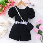 Girls Jumpsuit Manufacturer - 2024 Summer Puffed Sleeves Striped Back Crossover With Bag