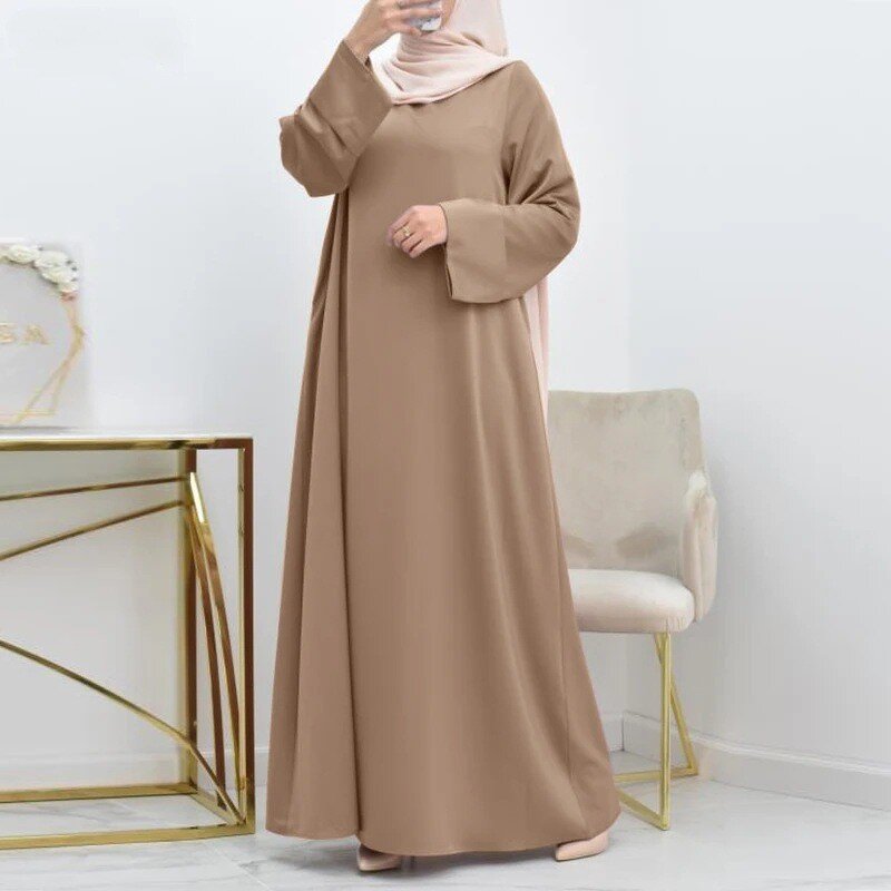 Muslim Satin Dress Manufacturer - Djellaba Round Neck Belt Plus Size Long Sleeve