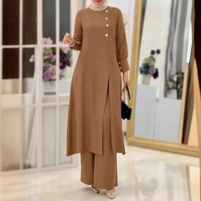 Muslim Two Piece Set Manufacturer - Side Slit Long Shirt Wide Leg Pants Robe In Stock