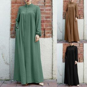 Muslim Dress Manufacturer - H702 Arabic Stand Collar Zipper Pocket Loose Leisure