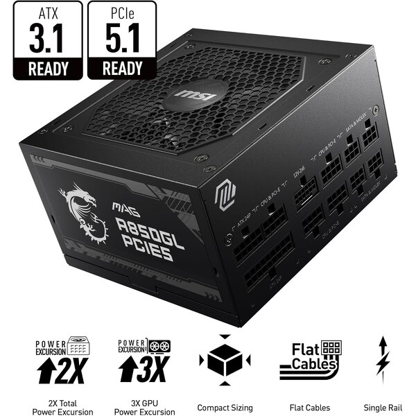 Power Supply Manufacturer - MSI MAG A850GL PCIE5 850W 80+Gold Fully Modular ATX3.1