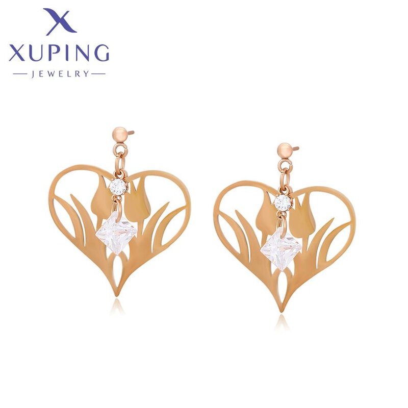 Hook Earring Manufacturer - XUPING 80915 Stainless Steel Rose Gold Tulip Flower Heart