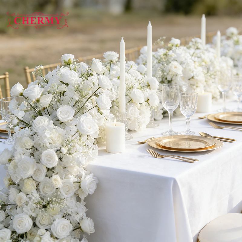 Artificial Floral Garland Manufacturer - Luxury White Rose Babysbreath High-Density Silk for Wedding Table & Staircase