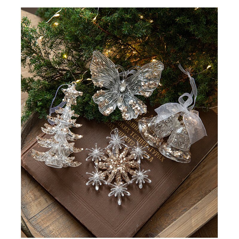 Acrylic Christmas Ornament Manufacturer - Luxury Xmas Elk Bells Angel Wings Transparent Snowflake Pendant