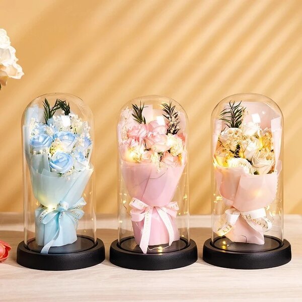 Soap Rose Flower Manufacturer - Valentine's Day 2024 Dried Baby Breath Bouquet in Glass with Led Light