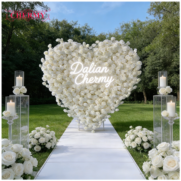 Artificial Flower Wall Manufacturer - Dalian Chermy New Design White Rose Heart for Wedding Background