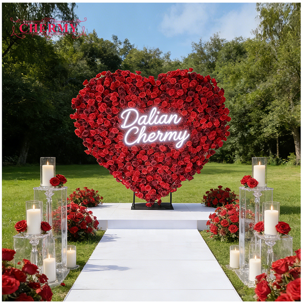Artificial Flower Wall Backdrop Manufacturer - Custom 2m*2.4m Red Rose Heart Shape for Wedding Party