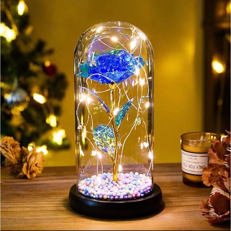 Galaxy Rose Manufacturer - Women Blue Colorful Artificial Flower in Glass Dome with Light