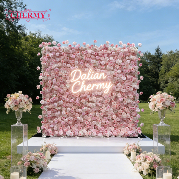 Artificial Flower Wall Backdrop Manufacturer - Wholesale Pink 8ft X 8ft Roll up Rose Wall Panel