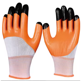 Work Gloves Manufacturer - 13gauge Orange Nitrile Double Dipping Oil-proof Black Reinforced Finger for Safety