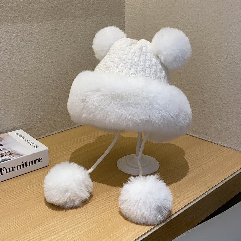 Beanie Hat - Manufacturer - Women Winter Fuzzy Lining Wool Warm Earflap Pom Pom Hat