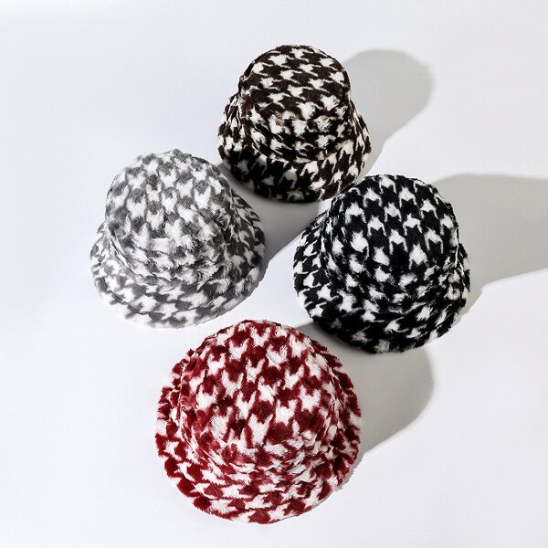 Bucket Hat - Manufacturer - Winter Fuzzy Warm Houndstooth Adjustable Outdoor Fur Hat