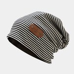 Beanie Hat - Manufacturer - Thin Knit Striped Slouchy Turban Leather Label Winter Headwear