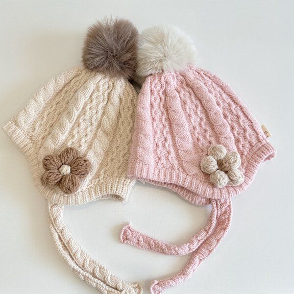Beanie Hat - Manufacturer - Cable Knit Pom Pom Flower Children Warm Windproof Hat